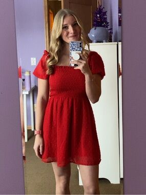 Beginning Boutique Red Smocked Puff-Sleeve Dress